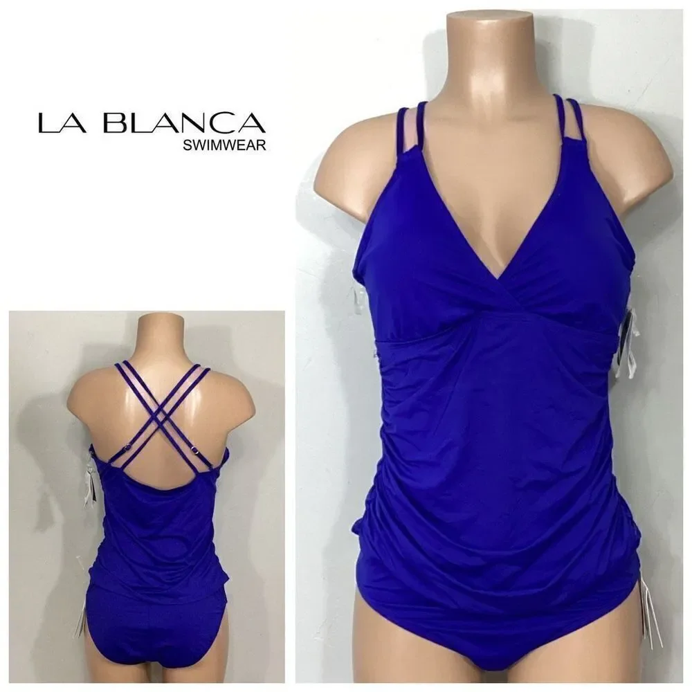 New. La Blanca Blue ruched V-neck underwire tankini set. Size 14/L